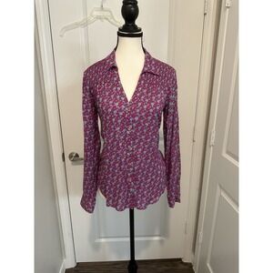 Maeve Anthropologie Calico Button Down Top Purple Blue Gold Print Sz 4 Ditzy Dot